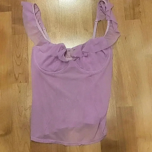 Mesh Tank Top Corset Ruffles Sheer Pink M - Picture 1 of 7